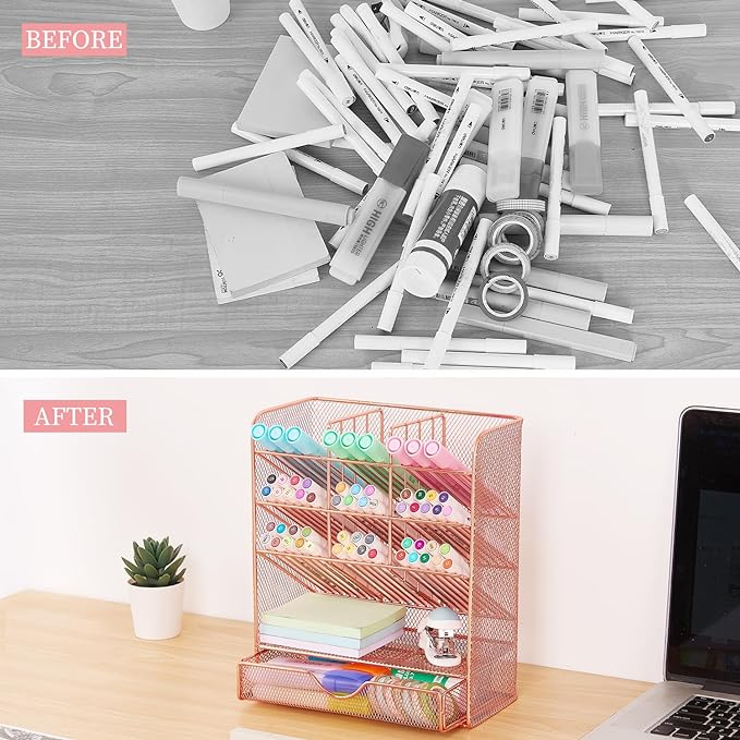 Spacrea Pen Holder Desk Organizer - Desk Organizers and Accessories, Pencil Holder with 10 Compartments and 1 Drawer（Rose Gold）