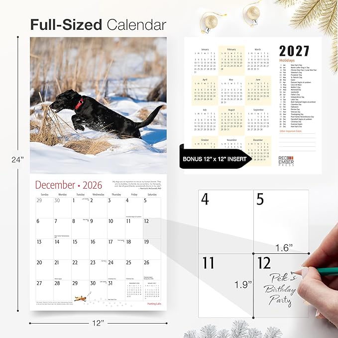RED EMBER Hunting Labs 2026 Wall Calendar 12 Month | 12" x 24" Open | Thick & Sturdy Paper | Holiday Gift | Sport Labrador Retriever Puppy Dog Calendar 2026
