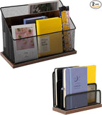 ASIFMTHOT 3-Tier Vertical File Storage with Retro Wooden Desk Mail Organizer and Metal Mesh Desktop Organizer for Home Office