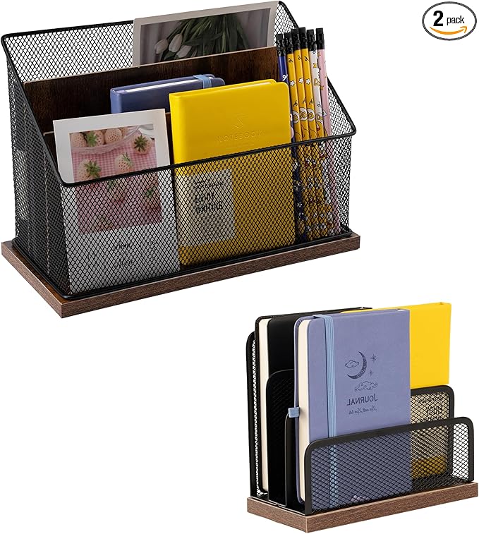 ASIFMTHOT 3-Tier Vertical File Storage with Retro Wooden Desk Mail Organizer and Metal Mesh Desktop Organizer for Home Office