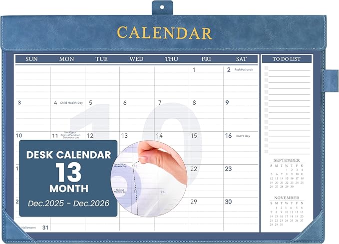 Yoment Desk Calendar 2026 Leather Desk Calendar with To-Do Lists, 13 Months Desk Pad Wall Calendar with Pen Holders PVC Cover for Work Office School Home Women Men, Dec 2025-Dec 2026, 17 x 12, Blue