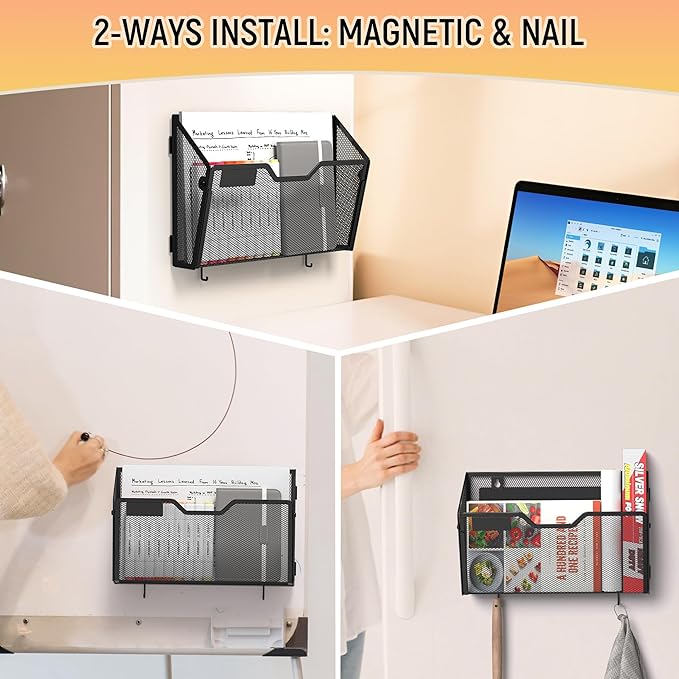 Docnest 6 Pack Magnetic Wall Mounted File Holders,Mesh Letter Organizer with Hooks, Magnetic Hanging Mail Paper Document Organizer for Office, Home, School, Black