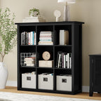 SIMPLIHOME Artisan Bookcase - 43 inch Tall 9-Cube Solid Wood Cube Organizer in Black, Transitional Storage Bookcase for Living Room, Study Room or Office with Fixed Shelves and Tapered Legs
