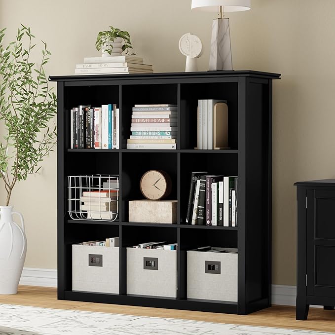 SIMPLIHOME Artisan Bookcase - 43 inch Tall 9-Cube Solid Wood Cube Organizer in Black, Transitional Storage Bookcase for Living Room, Study Room or Office with Fixed Shelves and Tapered Legs