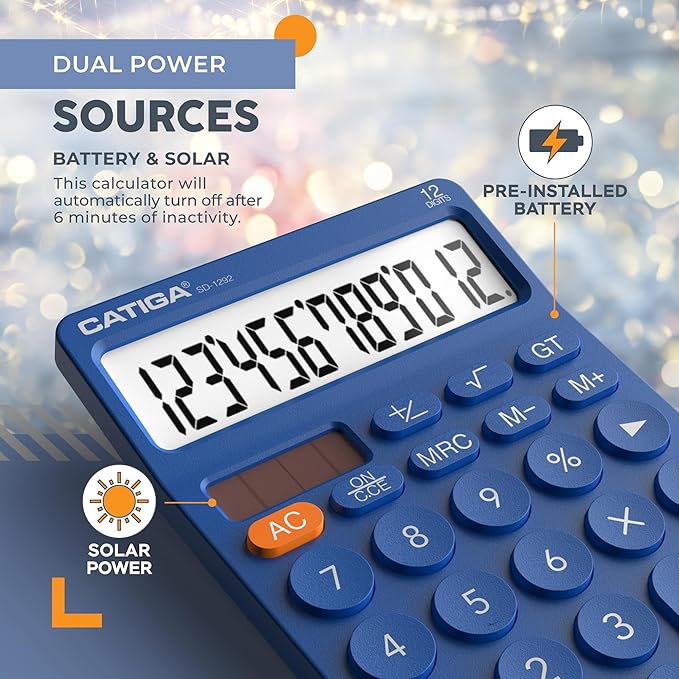 CATIGA 12 Digit Desktop Calculator Basic Desk Calculator with Large LCD Display, Big Buttons, 4 Function, Solar and Battery Dual Power, for Office, School, Home, SD-1292 Navy Blue