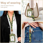 bolimoss Cute 2-in-1 ID Badge Holder & Lanyard Wallet, Black Cat Floral Wallet with Removable Wristlet & Neck Lanyard, Clear Window, 5 Card Slots, 1 Side Zipper Pocket, Ring Keychain