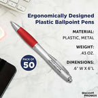 DISCOUNT PROMOS Personalized Ballpoint Pens With Rubber Grip, 50 pack Customizable Ergonomic Click-to-Write Custom Writing Pens for School with Black Ink, Red