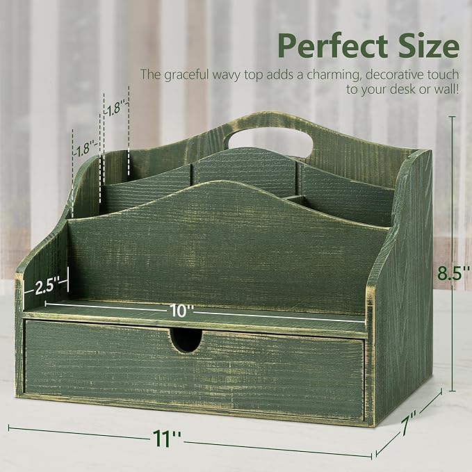 Pine Wood Mail Organizer for Desk - Rustic Style Mail Sorter Countertop Organizer for Files, Letters & Small Items - Farmhouse Letter Holder with Drawer for Office Desk & Home Decor (Green)