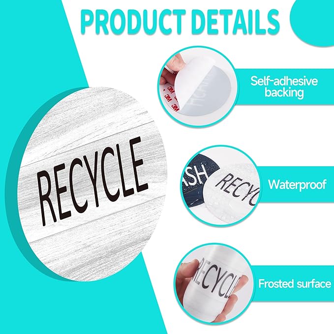 4PCS Recycle and Trash Sign Sticker for Kitchen,Self-adhensive Modern Circle Recycling Sticker for Trash Cans and Recycling Bin, Waste and Recycle Decals for Garbage Can Indoor &Outdoor Use 4Inch