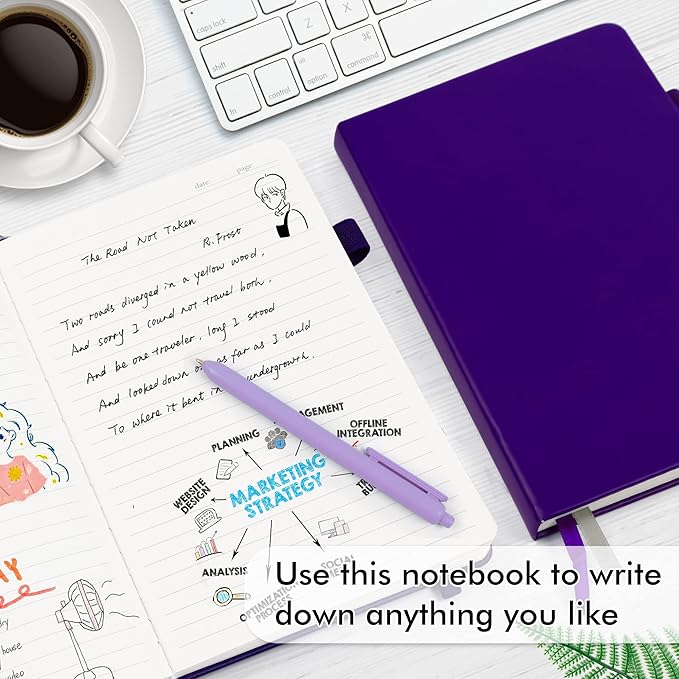 feela 12 Pack Notebooks Journals Bulk, Hardcover Notebook Classic Ruled Journal Set with Pen Holder for School Business Work Travel Writing, with 12 Black Pens, 120 GSM, 5.1”x8.3”, A5, Purple