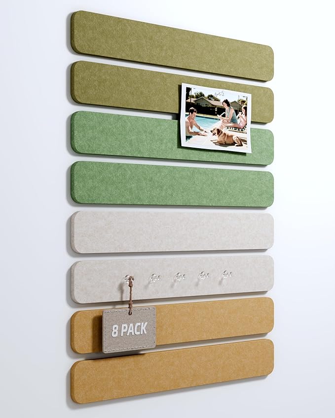 Cork Board Alternative Felt Strip Board 8-Pack 13"x2", Office Pin Board with 50 Push Pins, Adhesive Install for Bedroom Door & Home Office(Olive Grove)