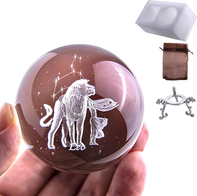 Crystal 3D Constellation Ball Crystal Paperweight Full Sphere Glass Fengshui with Sliver-Plated Flowering Stand(Leo)