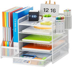 Marbrasse Desk Organiser with File Holder, 5-Tier Paper Letter Tray Organiser with Drawer and 2 Pen Holder, Mesh Desktop Organizer and Storage with Magazine Holder for Office Supplies(White)