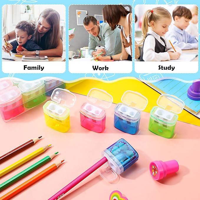 Teling 660 Pcs Manual Pencil Sharpeners Bulk Handheld Dual Holes Pencil Sharpeners for Kids Colorful Portable Compact Sharpener with Lid for Students School Class Home Office Supply