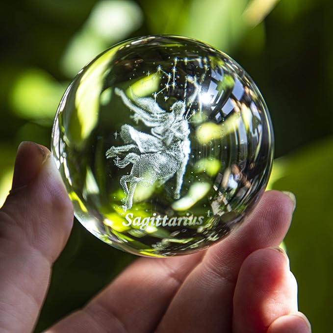 3D Laser Constellation Crytsal Ball Crystal Paperweight Full Sphere Glass Fengshui with Sliver-Plated Flowering Stand(Sagittarius)