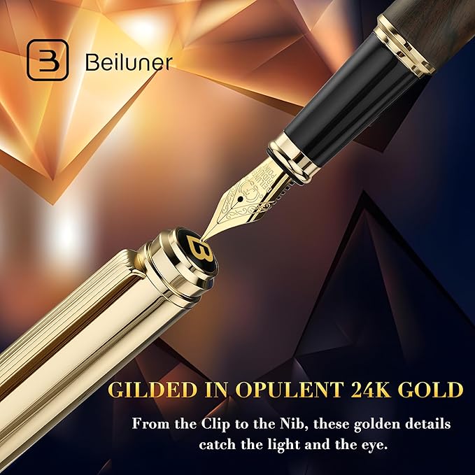 BEILUNER 316 Fountain Pen,Stunning Luxury Blackwood,24K Gilded Nib(Fine),Gorgeous 24K Gold Finish, Ink Converter,Fancy Gift for Men&Women-Elegant,Executive,Graduation Pens for Writing, BK-F