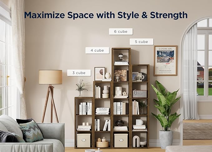 Jpiziso 4 Cube Storage Organizer Single Row, Cube Shelf with Heavy-Duty Thick Boards, 13.31" L x 9.37" W x 48.82" H, Smooth Easy-Clean Panels, Simple Assembly, for Living Room Bedroom Office, Brown