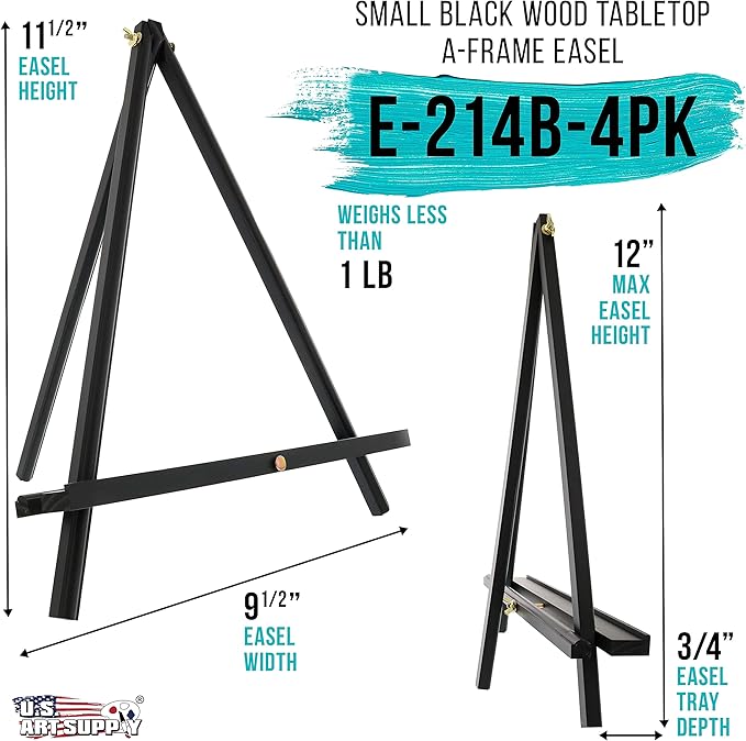 U.S. Art Supply 12" Black Wood Tabletop Easel (4 Pack) - Adjustable A-Frame Canvas Stand for Painting Party & Signs - Table Top Easel for Painting, Canvas Holder, Crafts, Photos, Pictures