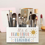 QZQE Boho Classroom Pen Pencil Holder Organizer for Desk, It's a Beautiful Day for Learning Wooden Box Signs Decorations for Home Office Desk Tabletop, Boho Classroom Decor