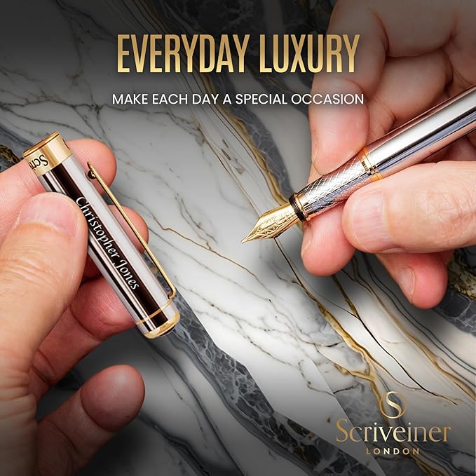 Scriveiner Personalized Silver Chrome Fountain Pen - Stunning Luxury Pen, Real Gold Plating, Schmidt Gilded Nib (Medium) Best Engraved Pen Gift Set for Men & Women, Custom Name Engraving
