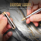 Scriveiner Personalized Silver Chrome Fountain Pen - Stunning Luxury Pen, Real Gold Plating, Schmidt Gilded Nib (Medium) Best Engraved Pen Gift Set for Men & Women, Custom Name Engraving