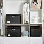 Roobyl 17" Large Collapsible Storage Bins with Lids, Stackable Closet Organizers with PU Handle and Labels, 3-Pack Decorative Fabric Storage Boxes for Home, Bedroom, Closet, Office, Nursery(Black)