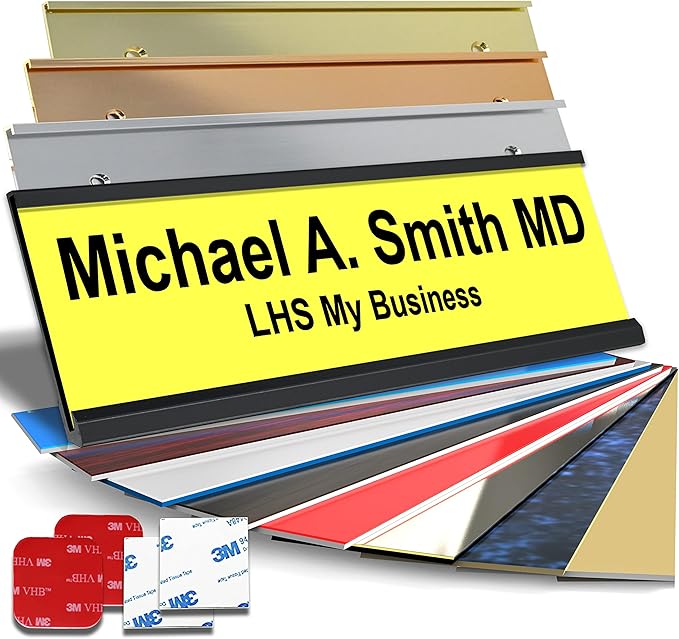 Personalized Name Plate with Choice of Mounting Holders for Walls, Doors, Cubicles, Hanging and More - Custom Yellow Plastic Black Letters - USA Made 2x12 - B4