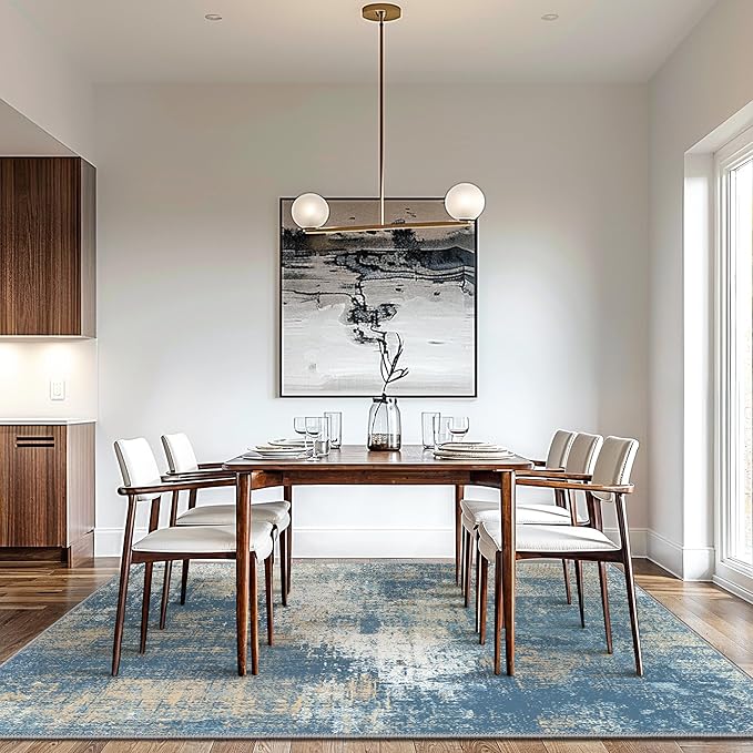 GENIMO Washable Area Rugs for Living Room, 8x10 Modern Non Slip Rugs, Low Pile Lightweight Soft Print Rug for Bedroom, Dining Room, Home Office, Washed Mist Blue