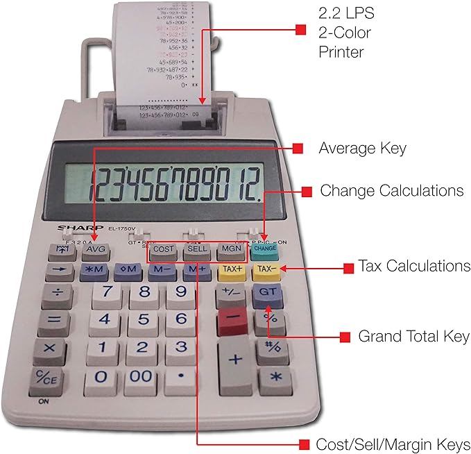 Sharp EL-1750V Two-Color Printing Calculator 2 Lines/Sec 3" Black/Red