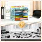 Docnest 5 Tier Letter Tray with Hanging File Organizer-Mesh Desk Organizer-Desktop Storage Box Built in Pen Holder and Handles, File Folder Holder for Mail Documents Office Supplies-Blue