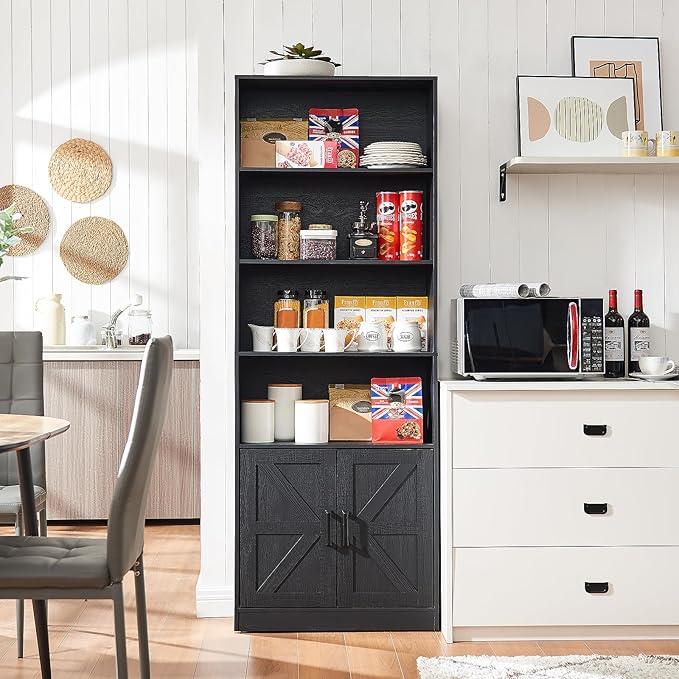 RWYHG 70in Tall Bookshelf 6 Tier Bookcase with Barn Doors and Adjustable Shelf, Black Farmhouse Book Shelves with Storage Cabinet,Wood Floor Standing Display Bookshelve for Bedroom,Living Room,Kitchen