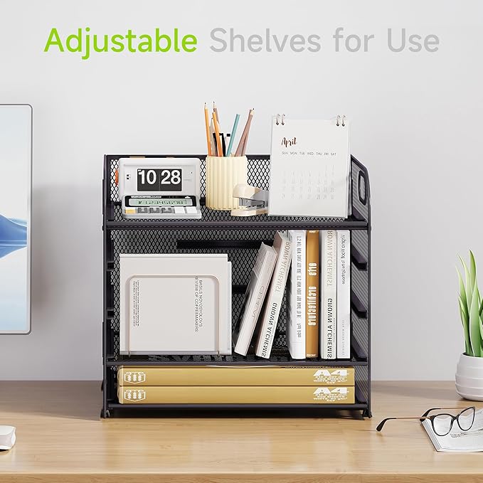 Cawukege 5 Tier Paper Organizer with Handle, Metal Mesh Desk Organizer File Folder Paper Letter Tray Desktop Document Sorter for Classroom, School, Office Accessories Organization and Storage - Grey