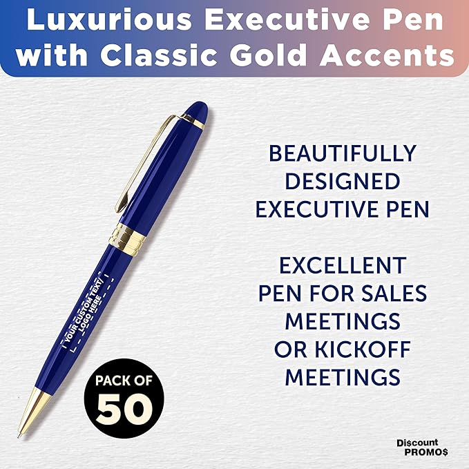 DISCOUNT PROMOS 50 Ultra Executive Pens Pack - Customizable Text, Logo - Twist To Write, Gold Accent - Blue