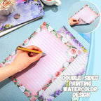 TaoBary 160 Pcs Stationery Paper Set 50 Double Sided Stationery Papers with 50 Matching Envelopes and 60 Round Dot Sticker, 10 Design(Flower,8.5 x 11 Inch)