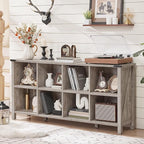 Joaxswe 8 Cube Book Shelf, Farmhouse Wood Long Storage Organizer Bookcase, 62" Horizontal Grey Oak Console Closet Bookshelf, Hallway TV Stand for Entryway, Display Cabinet Book Case for Living Room
