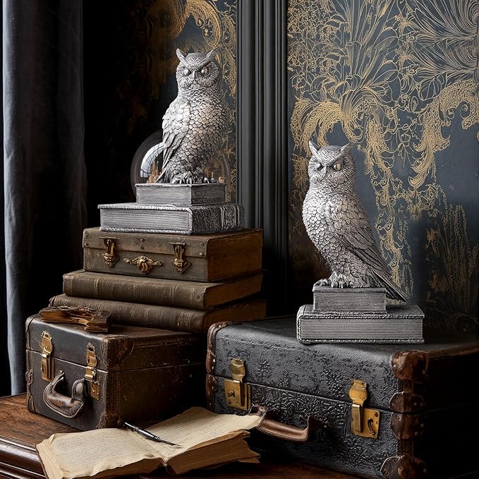 MXARLTR Owl Bookends, Book Ends for Shelves, Vintage Resin Decorative Bookends with Anti-Slip Base for Books Lovers Home Office Decor Book Holder (Silver)