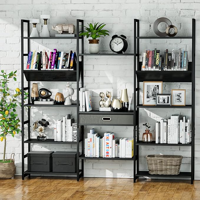 NUMENN Triple Wide 5 Tier Bookshelf, Adjustable Rustic Industrial Style Book Shelves, Modern Bookcases and Bookshelves Furniture for Bedroom, Living Room and Home Office, Elegant Black