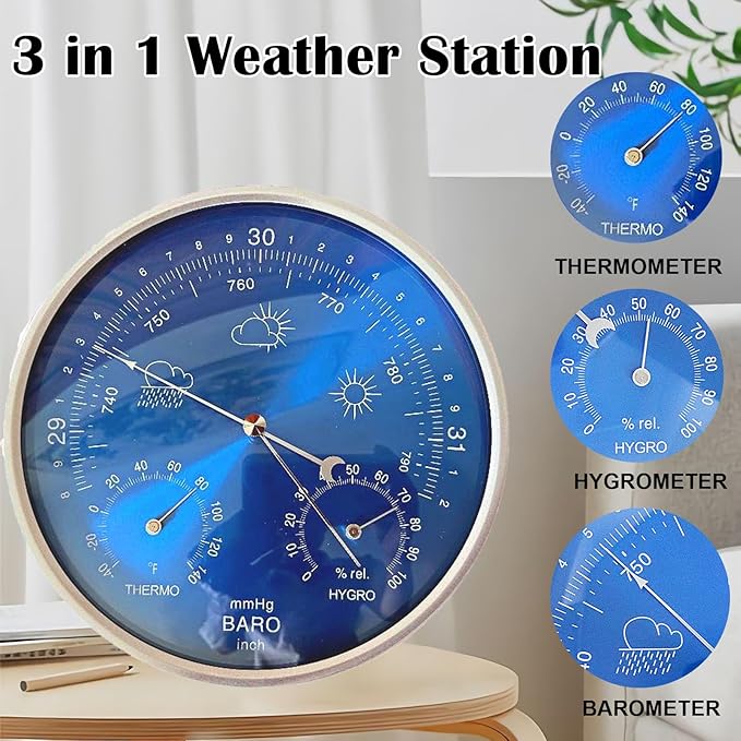 3 in 1 Barometer for Weather Station, Wall Hanging Thermometer All-Season Thermometer, Greenhouse Hygrometer, Accurate Weather Station Indoor Outdoor Use Temperature Monitor for Home Garden Office