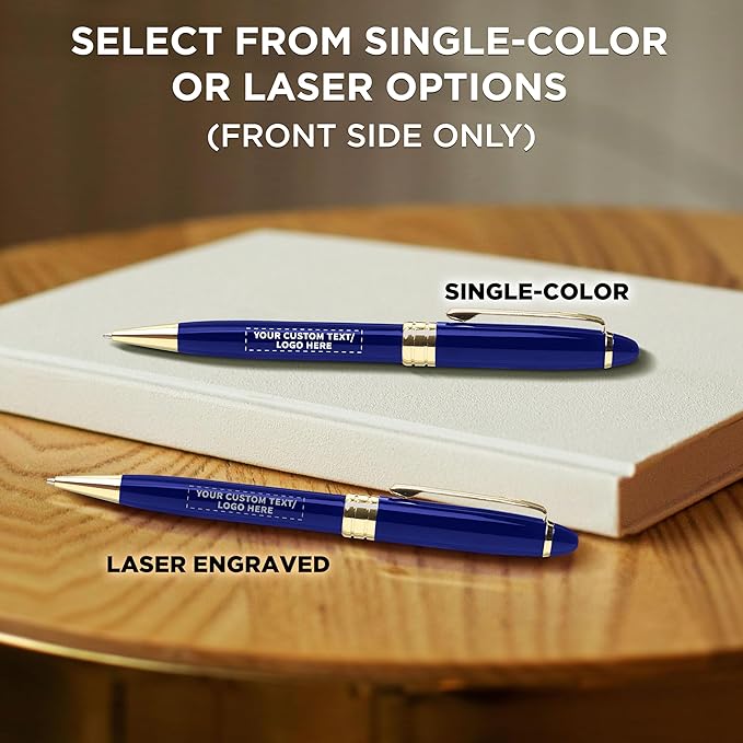 DISCOUNT PROMOS 10 Ultra Executive Pens Pack - Customizable Text, Logo - Twist To Write, Gold Accent - Blue
