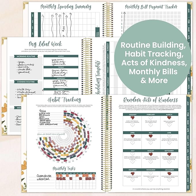 bloom daily planners 2026 Hardcover Calendar Year Goal & Vision Planner (January to December) - Monthly & Weekly Agenda Organizer - 7.5" x 9" - Beige Bouquet