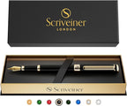 Scriveiner Luxury Fountain Pen - Stunning Black Lacquer Pen, Real Gold Finish, Schmidt Gilded Nib (Broad), Converter, Best Pen Gift Set for Men & Women, Professional, Executive, Office, Nice Pens