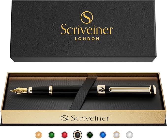 Scriveiner Luxury Fountain Pen - Stunning Black Lacquer Pen, Real Gold Finish, Schmidt Gilded Nib (Extra Fine), Converter, Best Pen Gift Set for Men & Women, Professional, Executive, Office, Nice Pens