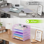 Cawukege 5 Tier Paper Organizer with Handle, Metal Mesh Desk Organizer File Folder Paper Letter Tray Desktop Document Sorter for Classroom, School, Office Accessories Organization and Storage - Purple