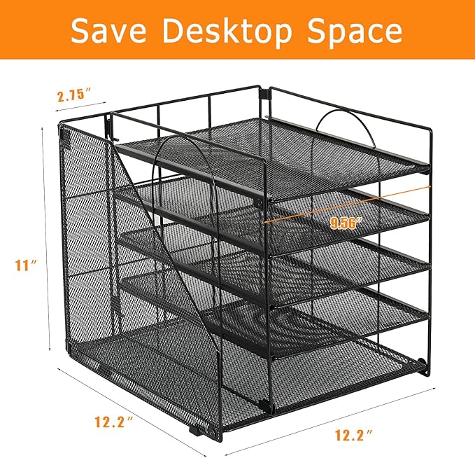 LEKETREE Desk Organizers and Accessories, 5-Tier Paper Letter Tray Organizer with File Holder, Desktop Organizer for Office Supplies (Black)