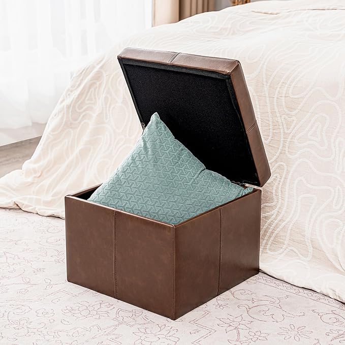 Adeco Faux Leather Cube Storage Ottoman, Coffee Brown Ottomans for Living Room, Bedroom