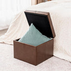 Adeco Faux Leather Cube Storage Ottoman, Coffee Brown Ottomans for Living Room, Bedroom
