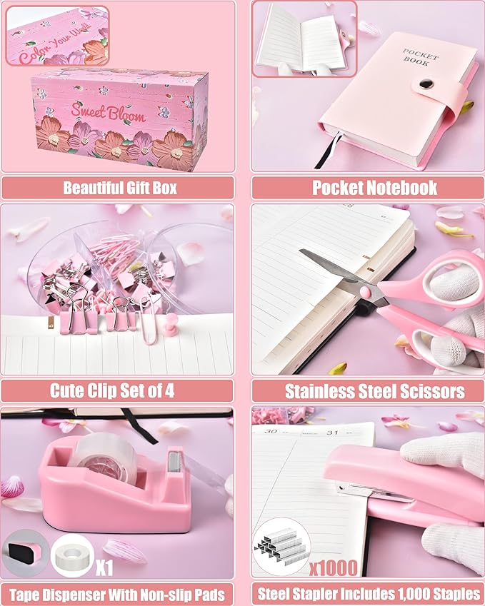 LXEVIHK 21Pcs Pink Desk Organizers and Accessories With Mesh Desk Organizer and 360°Rotating Pen Holder and a Lot of Office Pink Office Supplies Beautifully Presented in a Gift Box