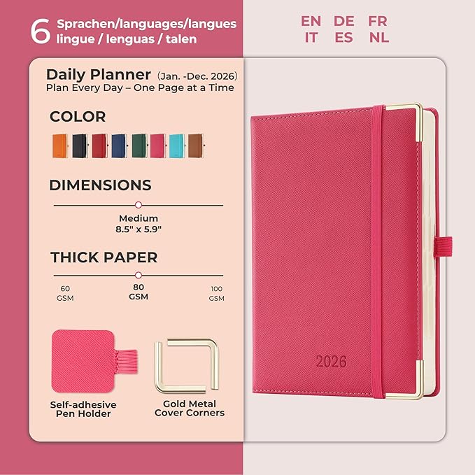 IN-luxpro Daily Planner 2026 with One Page Per Day,(A5-8.5" x 5.9"),12 Months Calendar Hourly Appointment Book Monthly Tabs & Self-adhesive Pen Holder,Inner Pocket, Vegan Leather Hardback,Rose Red