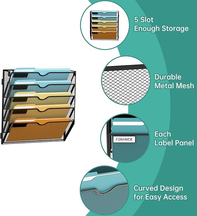 SUPEASY Wall File Organizer Mesh Office Mail Holder, Hanging Wall Organizer Magazine Rack for Office Black, 5 Tier