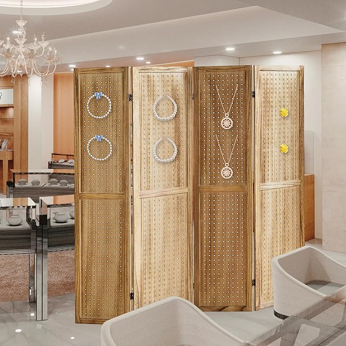 Aleesing 4 Panel Pegboard Display with 16 Hooks, Wooden Room Divider Wall and Folding Privacy Screens, Partition Room dividers, Pegboard Room Divider, Jewelry Store, Bedroom, Balcony, Light Brown